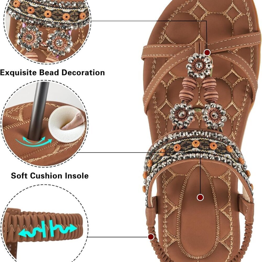 Womens Bohemian Dressy Summer Sandals Rubber Sole Elastic Ankle Strap - Picture 3 of 5